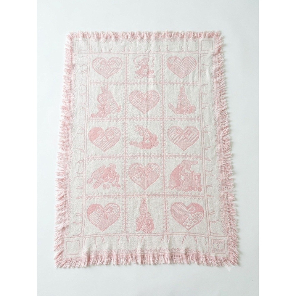 Vintage 1990 MWW Baby Tapestry Blanket Pink White Bunny Hearts Nursery 47x32